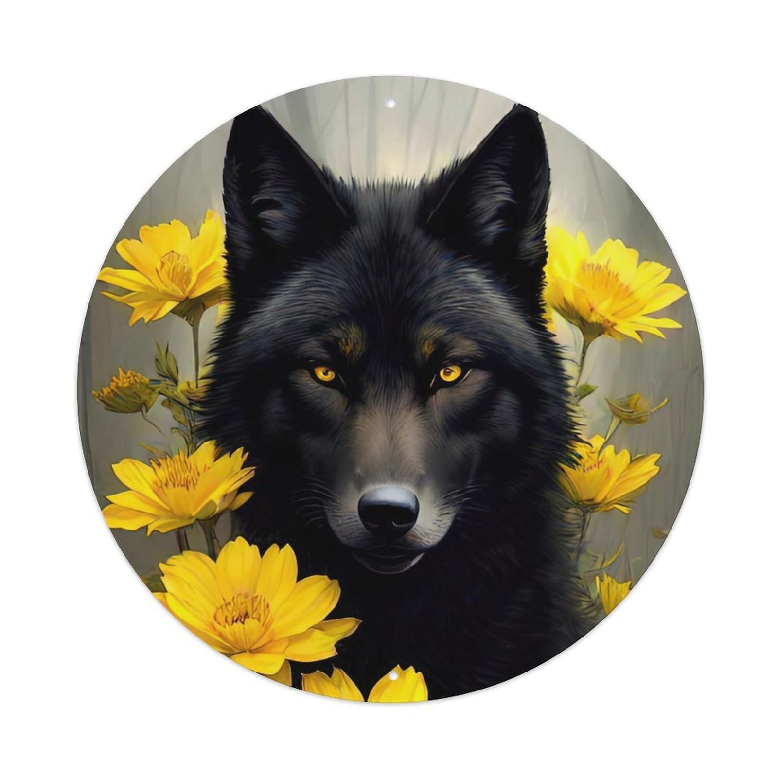 Animal Artwork Black Wolf Among Flowers Vintage Metal Tin Sign Plaque Wall Decor for Cafe, Club Bar, Office, Garden Metal Poster 8x8Inch