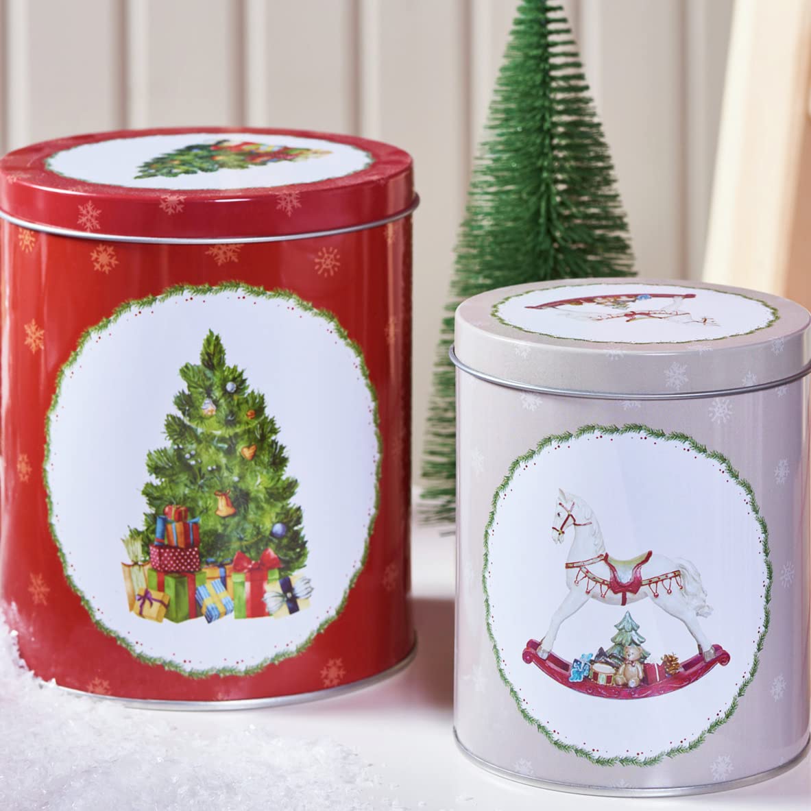 RiloStore 2er SET Keksdose SCHAUKELPFERD TANNENBAUM Weihnachten Metalldosen rund XL weiss rot n419 Weihnachten Keksdosen Vorratsdose xmas