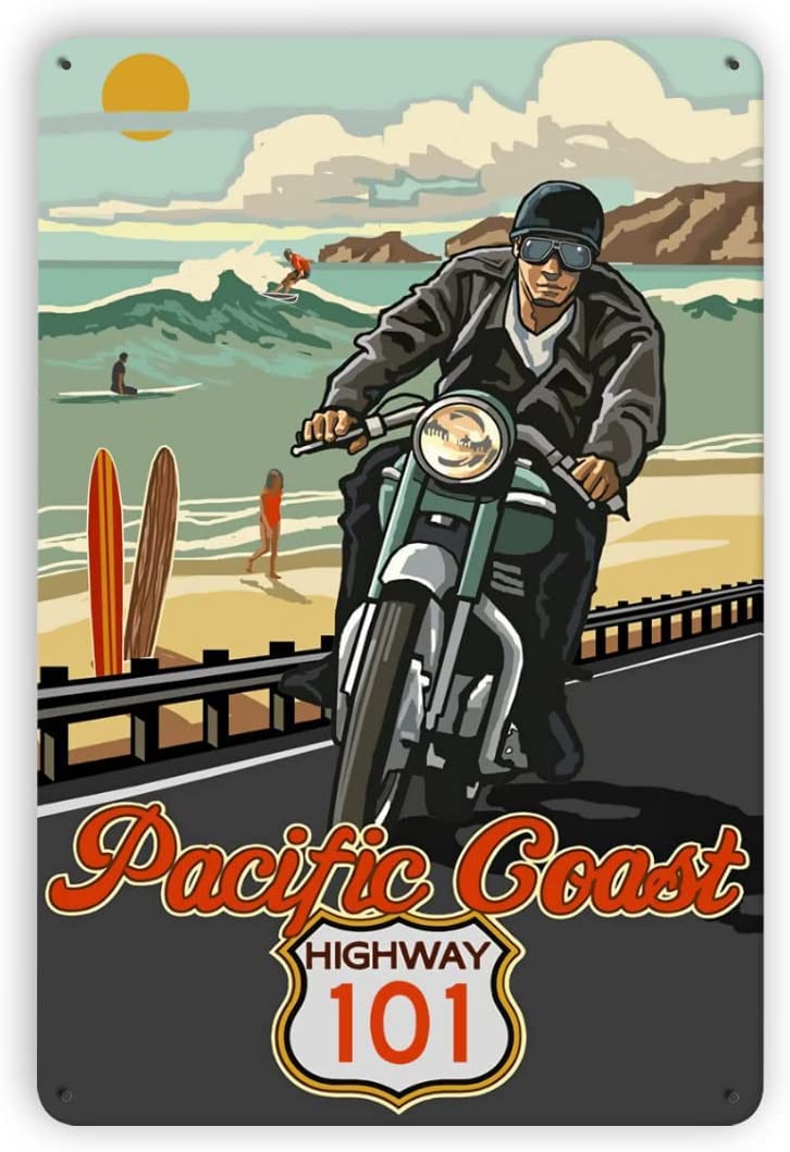 Metal Tin Sign Pacific Coast Highway 101 Motorcycle Tin Signs for Kitchen Home Office Bar Cafe Decor 8x12 Inch