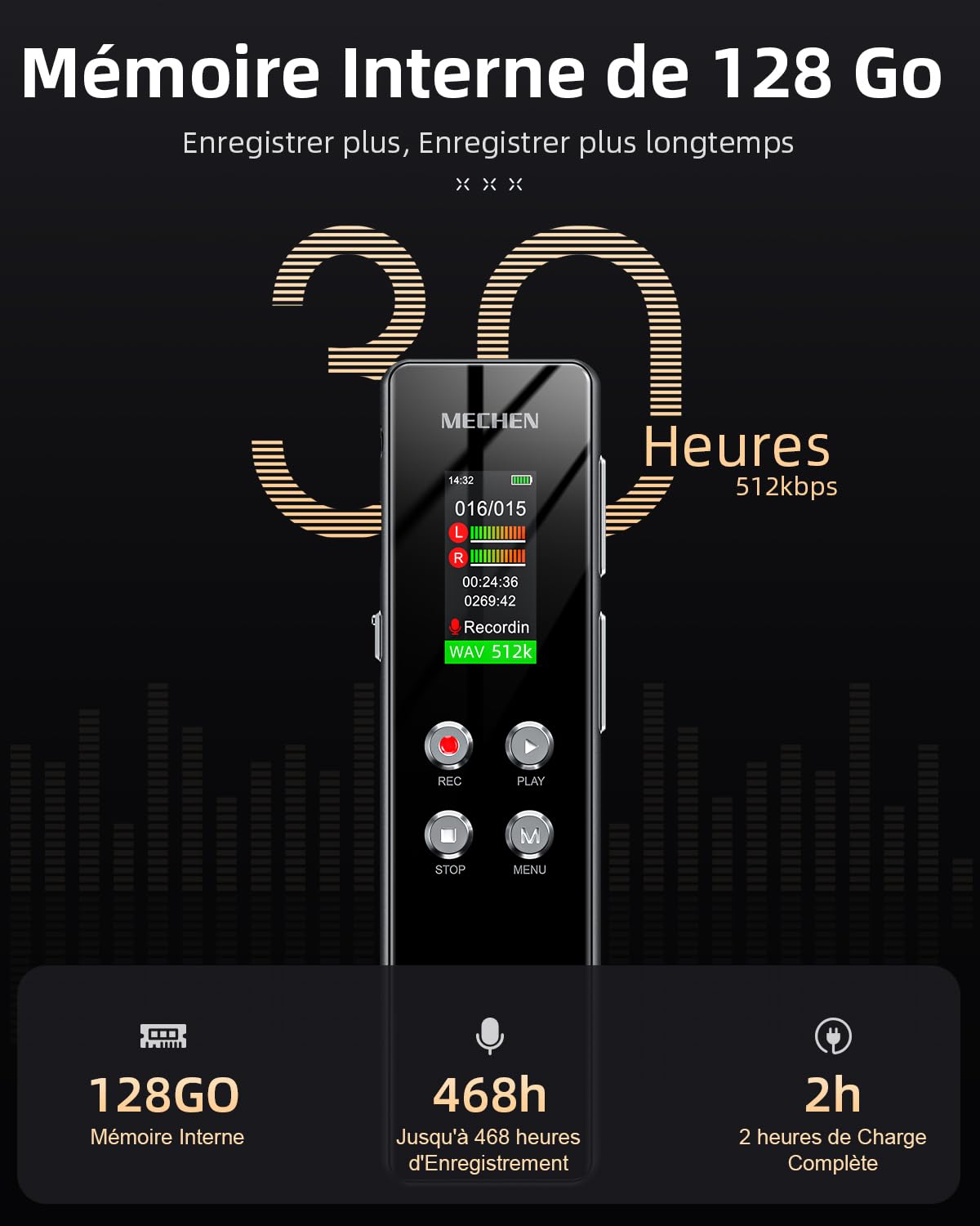 MECHEN V01 Dictaphone 128 Go enregistreur vocal VOX réduction bruit 300 mAh
