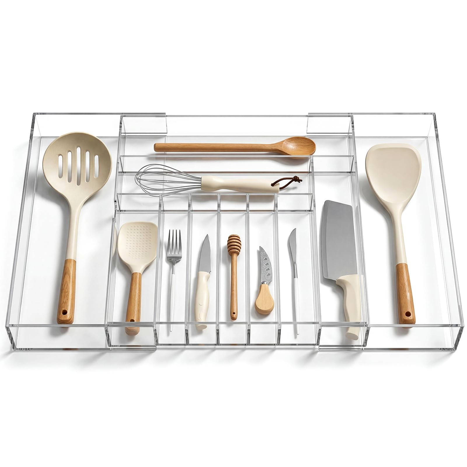 Teenyyou Organisateur de tiroir de cuisine extensible en acrylique transparent, organiseur d'ustensiles réglable en acrylique pour tiroirs de cuisine, couverts et couteaux (9 à 11 compartiments, 47,7