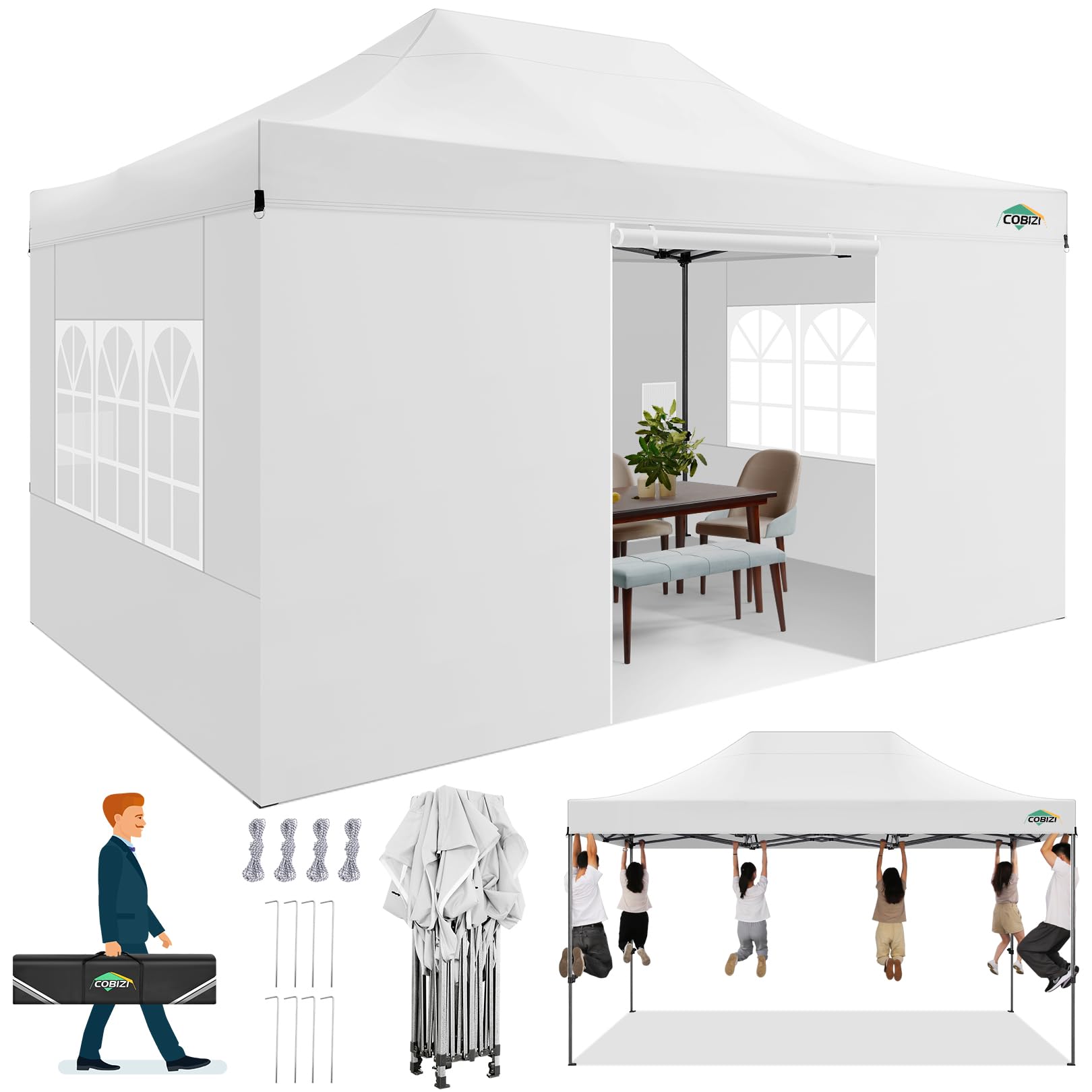 COBIZI 10x15 Pop up Canopy Gazebo 3.0, Easy up Heavy Duty Canopy with 4 Removable Sidewalls, High Stability, All Weather Sunshade 100% Waterproof Outdoor Canopy Tents, White