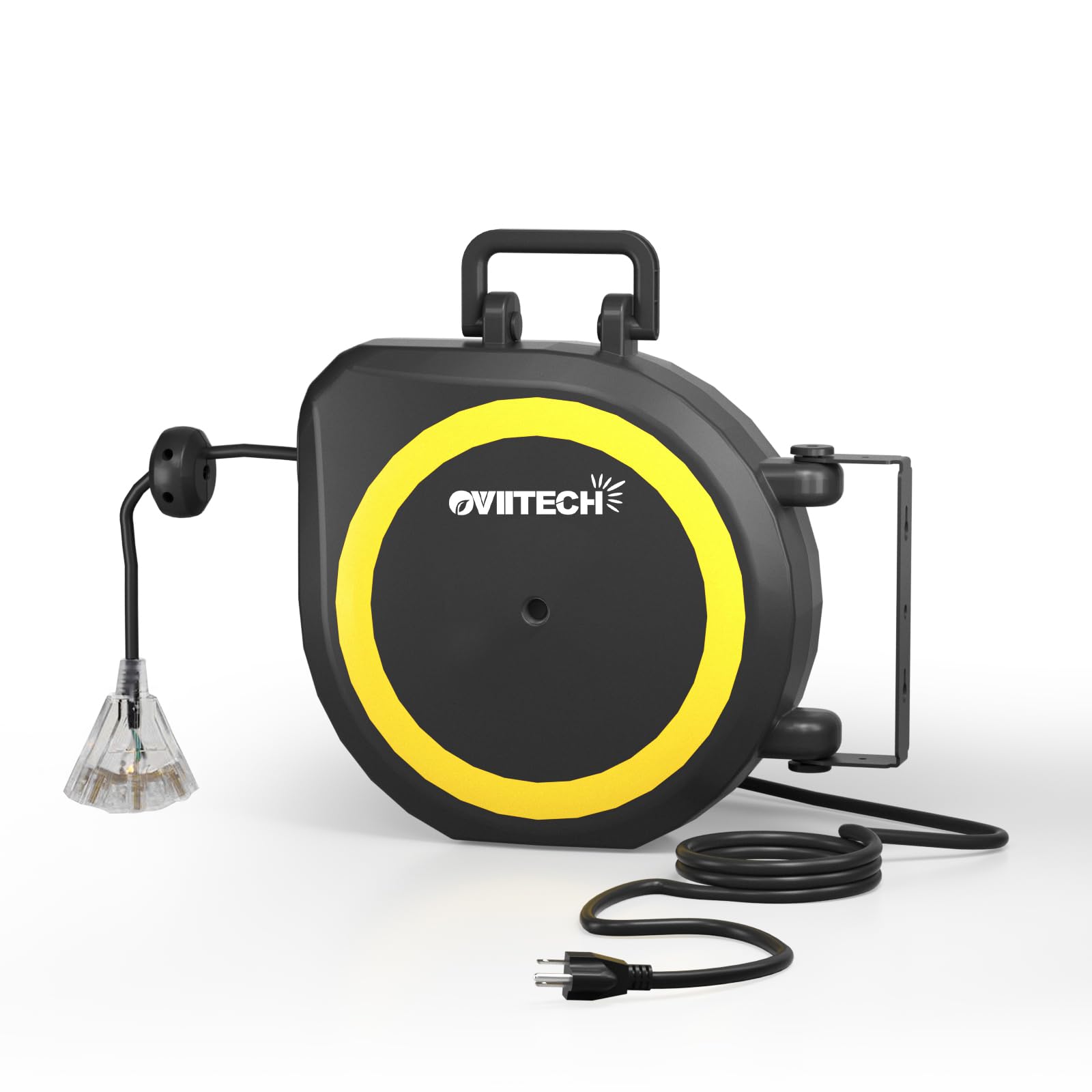 oviitech 50 Ft Retractable Extension Cord Reel,14/3 AWG SJTW Heavy Duty Power Cord, 3 Electrical Outlets,13 Amp Circuit Breaker,Black and Yellow,ETL Listed