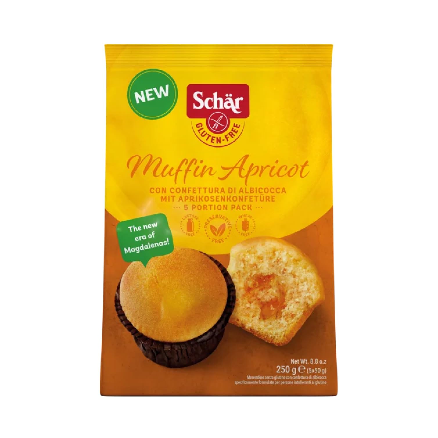 Italian Gourmet Muffin Apricot albicocca con confettura glutenfrei 4 x 250g | Dolce morbido e pratico; einzeln verpackt, ideal für Frühstück und Pausen, Gesamtnettogewicht 1 kg + Kostenlos Polpa 400g