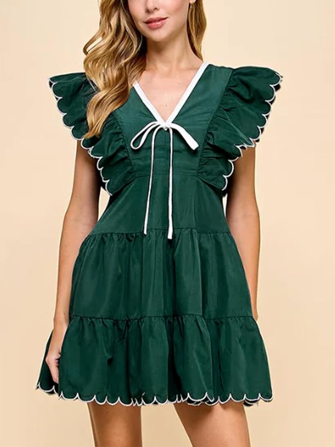 HOULENGS Women's Summer Ruffle Sleeve Babydoll Mini Dress Casual V Neck Tie Front Flowy Tiered Short Dress with Pockets - Image 5