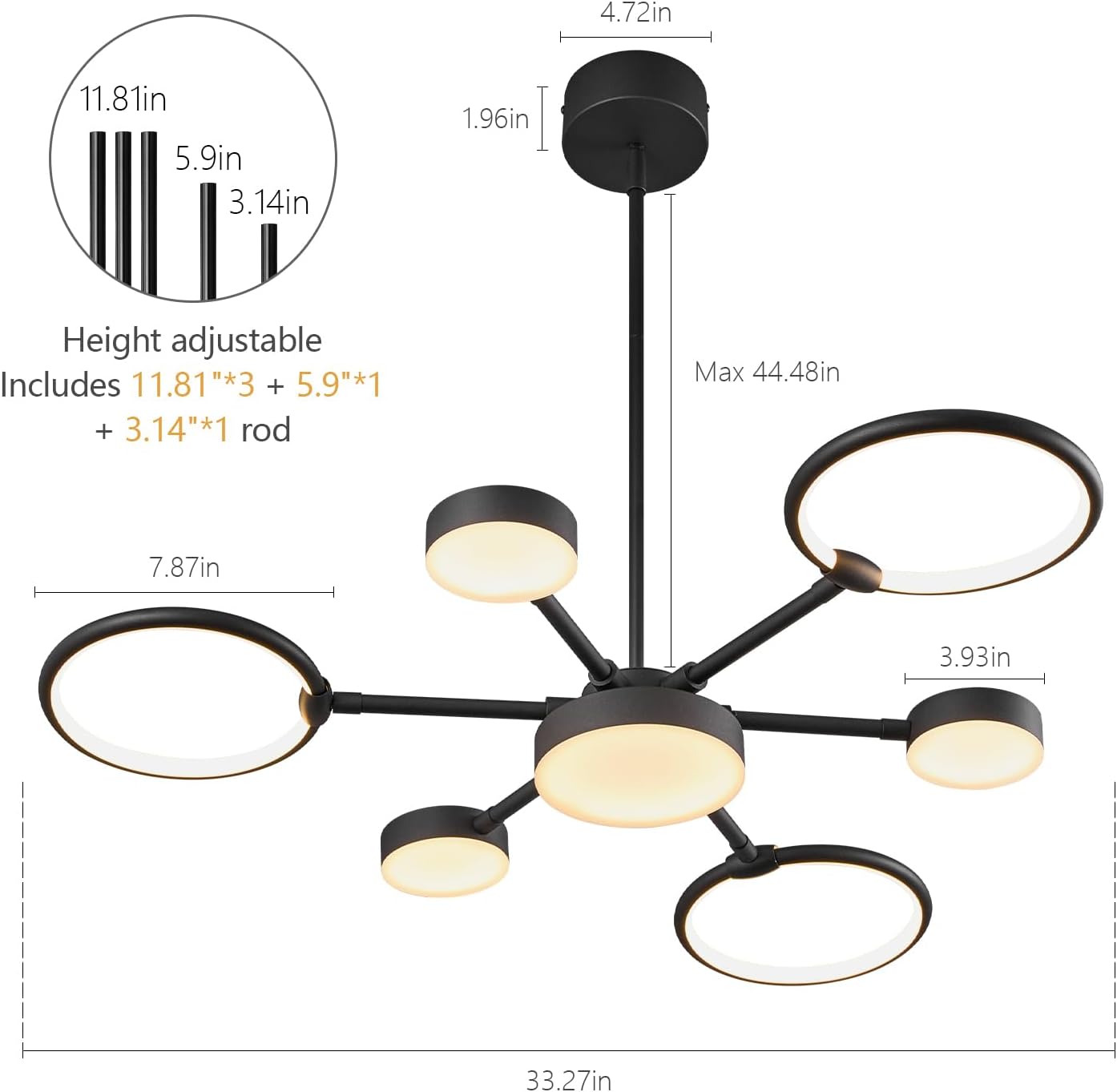 Modern LED Industria Chandeliers Round Pendant Light Farmhouse Black Sputnik Chandelier Mid Century Ceiling Light Fixtures for Dining Room Bedroom Living Room Kitchen Hallway Foyer（7-Light）
