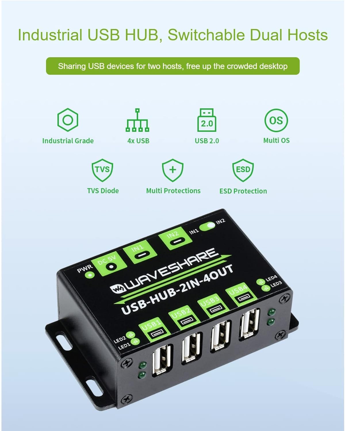 Industrial Grade USB HUB, 4X Extended USB Ports, Switchable Two Inputs, Sharing Two Hosts