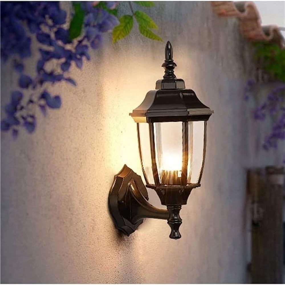 Lampa ścienna na ganek zewnętrzny, wodoodporny, kolor czarny, antykorozyjny, z przezroczystą szklaną podstawą E26/E27, idealna do domu, garażu, drzwi wejściowych.