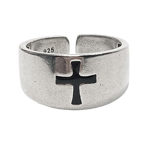 Ch.yishi Handmade Vintage 925 Sterling Silver Wide Band Rings for WomenMen,Adjustable Thumb Finger Ring (Cross)