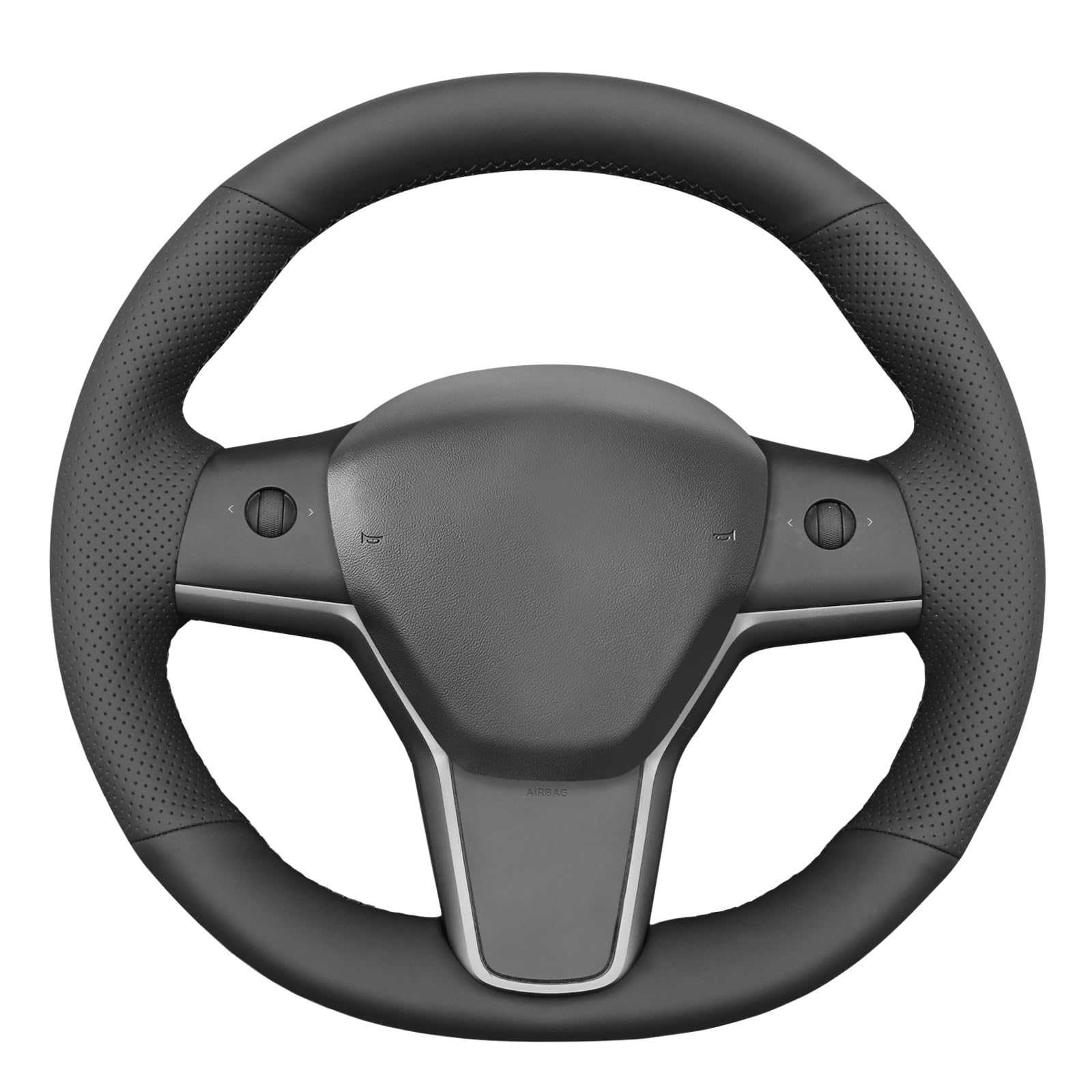 MEWANT Hand Stitch Black Artificial Leather Steering Wheel Cover Wrap for Tesla Model Y 2020-2023 Model 3 2017-2023