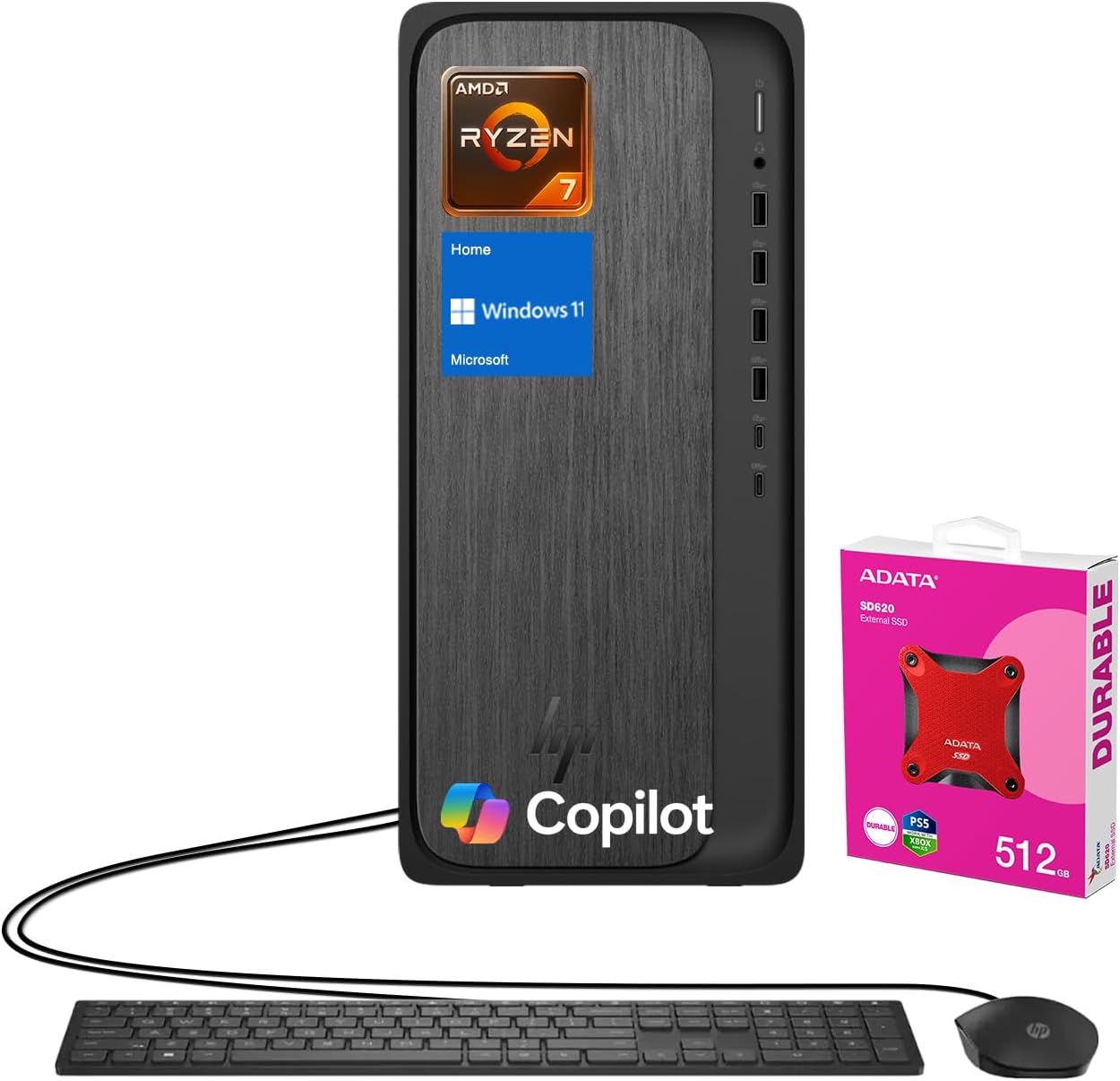 HP OmniDesk M02 Tower Desktop, AMD Ryzen 7 8700G, 32GB DDR5 RAM, 1TB SSD, DP Port, Wired KB & M, Wi-Fi 6, W11 Home, Next gen AI Business PC for 2025 Productivity, Bundle with ADATA 512GB External SSD