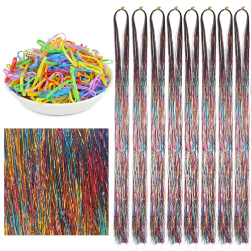 Rainbow Glitter Tinsel Hair Extensions - Heat Resistant 42 Inch Sparkling Fairy Hair Kit for Women & Kids - 8 Pcs