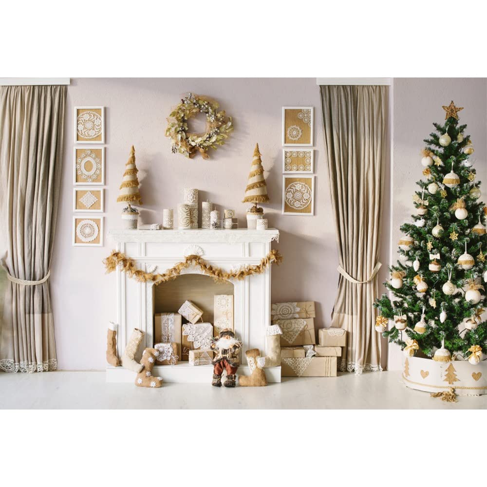 Aoihrraan Sfondo di Natale 3x2m - Albero, Camino, Calze, Regali, Tende - Fotografia Interni per Soggiorno, Capodanno, Festa, Compleanno - Decor Ritratto Photo Studio Puntelli