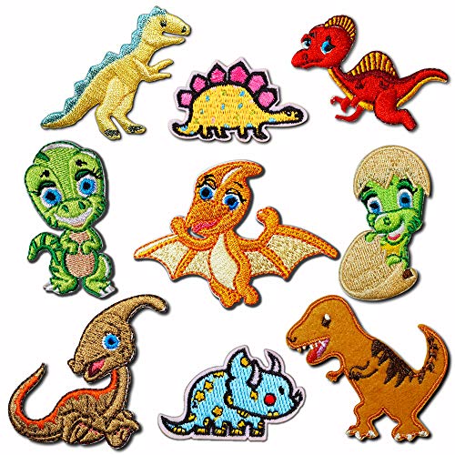 Lot de 9 patchs de dinosaure DIY autocollants pour décoration de vêtements thermocollants ou à coudre brodés Applique-? Tyrannosaure Stegosaurus Pterodactyl Tricératops