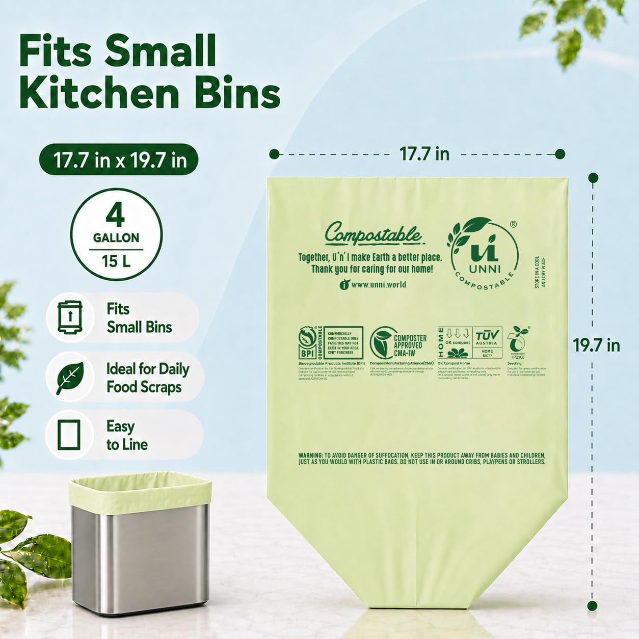 UNNI ASTM D6400 100% compostables Bolsas de Basura, 4 galones, 15 litros, 100 Unidades, Extra Gruesa de 0,75 milésimas de Pulgada, los Estados Unidos y Europa BPI Ok Compost Home Certificados