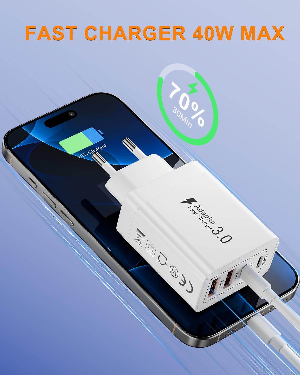 Cargador USB C, 40W cargadors USB 4 Puerto, Cargadors Rapida QC 3.0, Cabezal Tipo C para iPhone 16 15 14 13, Samsung S25 S24 S23, Huawei, Cargador USB Multiple — view 2