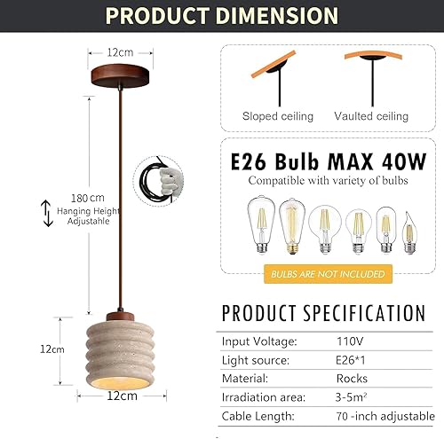 Miniatura 4 de Lámpara colgante japonesa Wabi sabi con pantalla de piedra natural, lámpara colgante de madera moderna regulable, lámpara colgante de altura