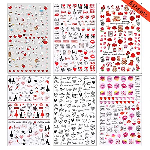 Valentine's Day Art Sticker Decals Lovely Cartoon 3D Self-Adhesive Nail Art Supplies Valentines Day Love Letter Exquisite Romantic Pattern Design Nail Art Decoration Women And Girls Diy Acrylic Nail Art , 6 Sheet #TOP1