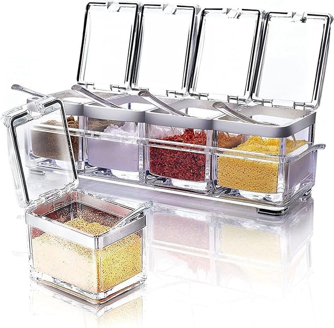 Acrylic Spice Rack, 4 Pieces Box with 4 Spoons, Kitchen Ware, Masala Container Seasoning Pepper Salt Spice Storage Cooking Tools, Unbreakable, Ideal for Home & Kitchen (A)