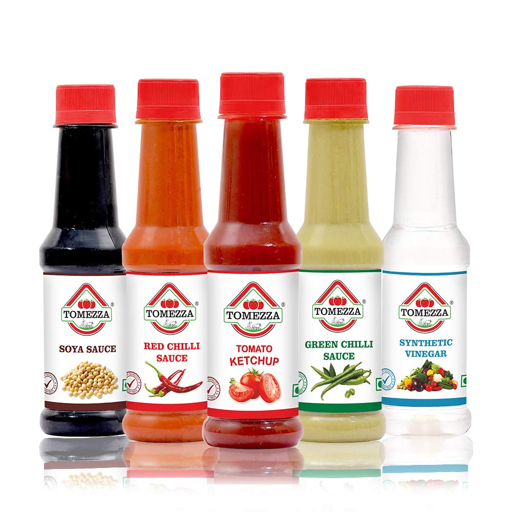 Tomezza Tomato Ketchup, Red Chilli Sauce, Green Chilli Sauce, SOYA Sauce and Synthetic Vinegar, Combo Offer Offer Pack of 5 (200g Each)