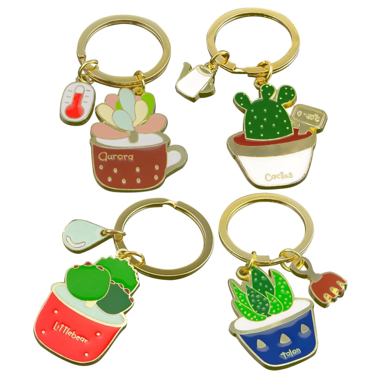4pcs Stainless Steel Creative Succulent Cactus Keychains Small Key Rings Key Holders Cute Hanging Decor Set for Women