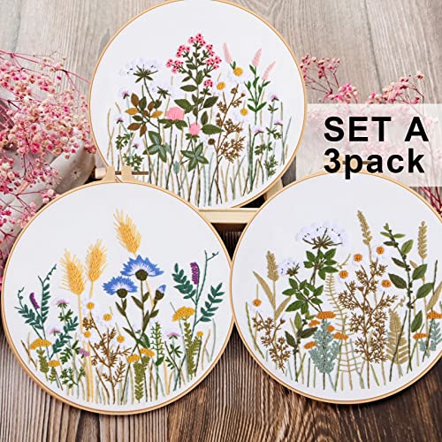 Lukinbox 3 Sets Embroidery Kit For Beginners, Fabric Cross Stitch Kits For Adults, Diy Embroidery Starter Kits With Floral Flower Patterns, Embroidery Hoops, Clothes, Threads And Needles #TOP4