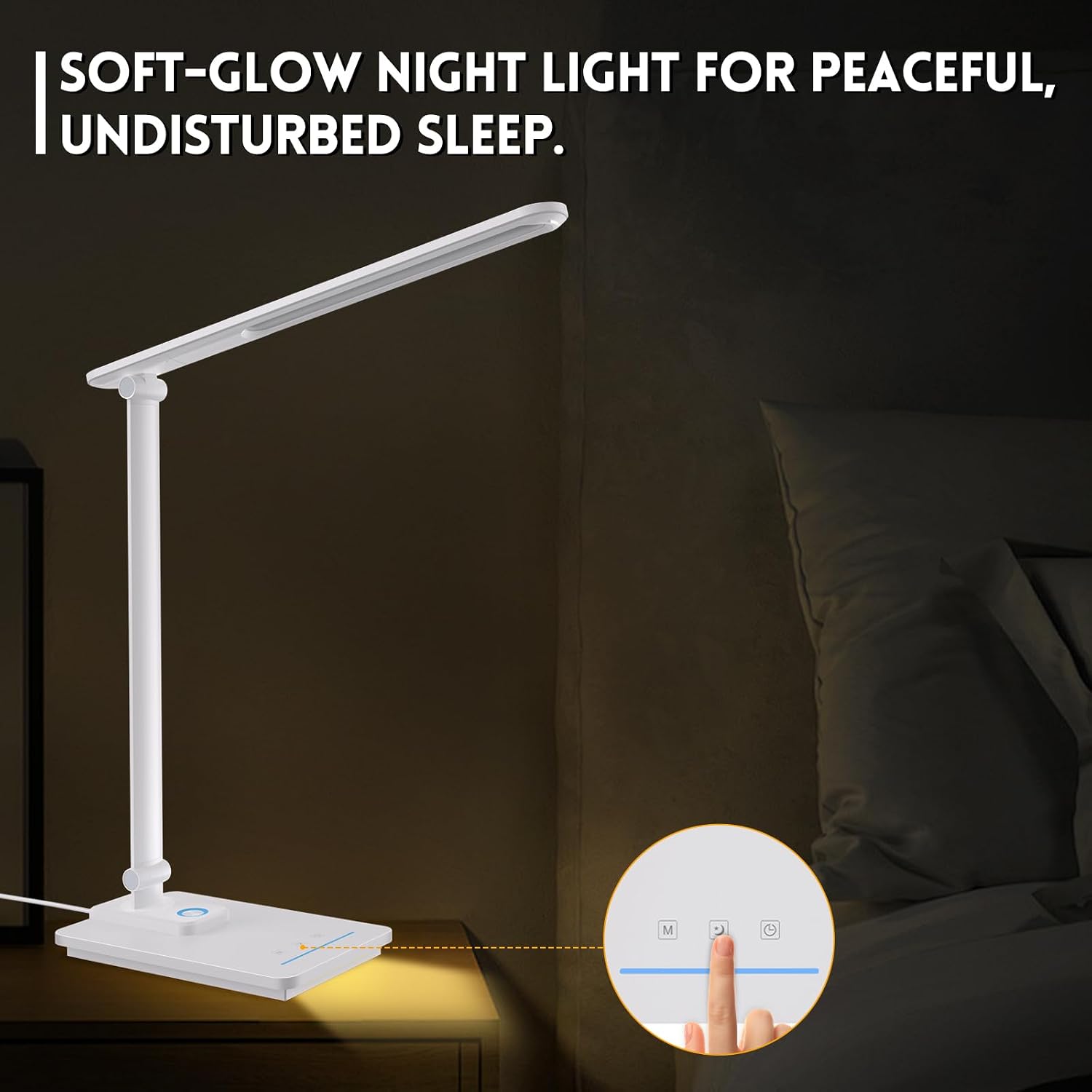 LED Desk Lamp for Home Office, USB Charging Port, Reading Desk Light with 5 Color Temperatures, Stepless Dimming, Table Lamp with Timer, Night Light, Foldable Desk Lamp for College Dorm Room (White)