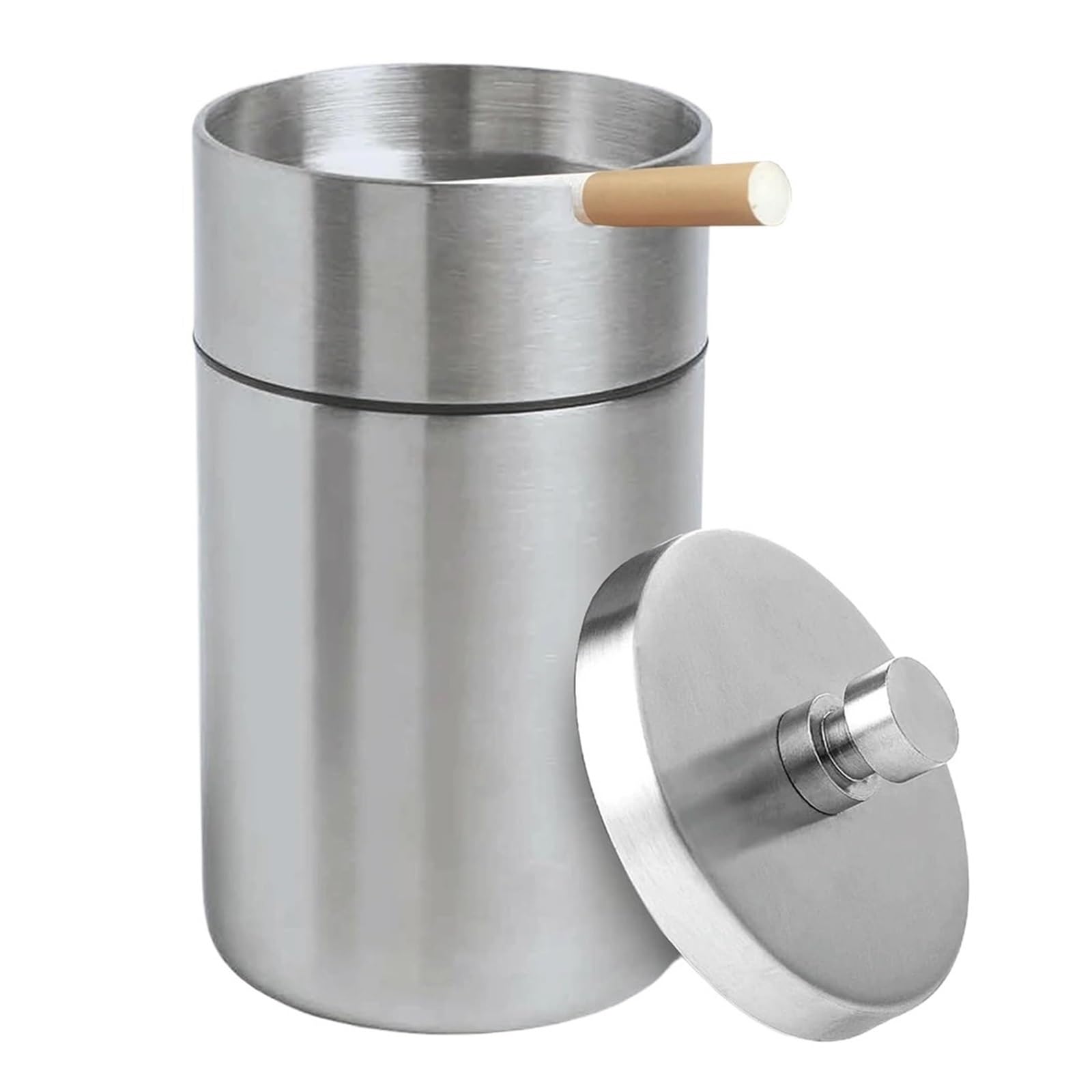1 Pack Portable Car Ashtray with Lid, Stainless Steel Detachable Windproof Smokeless Mini Trash Can for Car Outdoor(Silver)