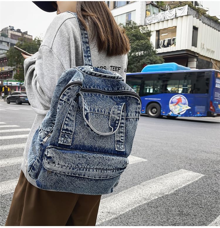 TYHOTULY Vintage Denim Backpack Casual Style Daypack Shoulder Bag Rucksack Classic Jeans Backpacks Lightweight Handbag Purse (Blue)