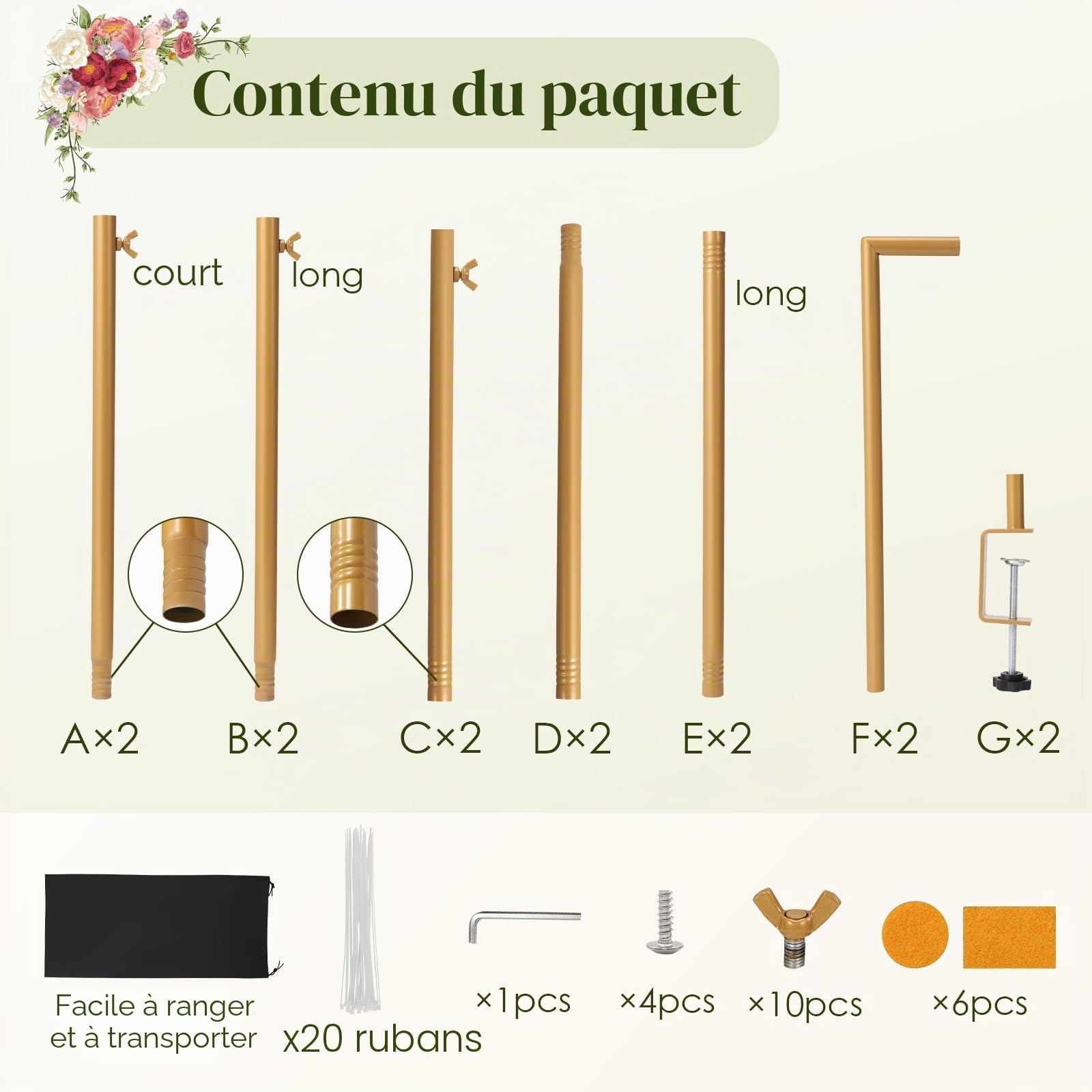 Arche de Table Réglable Or, Tige Décorative de Table avec Pinces, 120-260CM, Support d'arche de Table en Métal sur Table pour Noël, Mariage, Anniversaire, Décoration de Fête