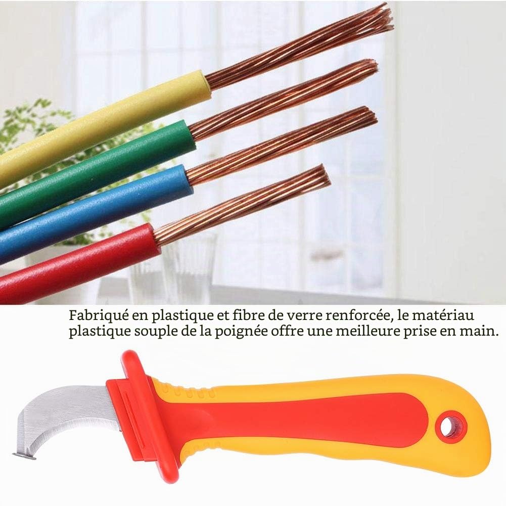 Couteau à Dénuder Électrique Rapide 1000V IEC60900 - Lame Crochet Fixe en Acier Inox, Poignée Antidérapante pour Dénudage et Coupe de Câbles - Électricien Professionnel (Rouge)