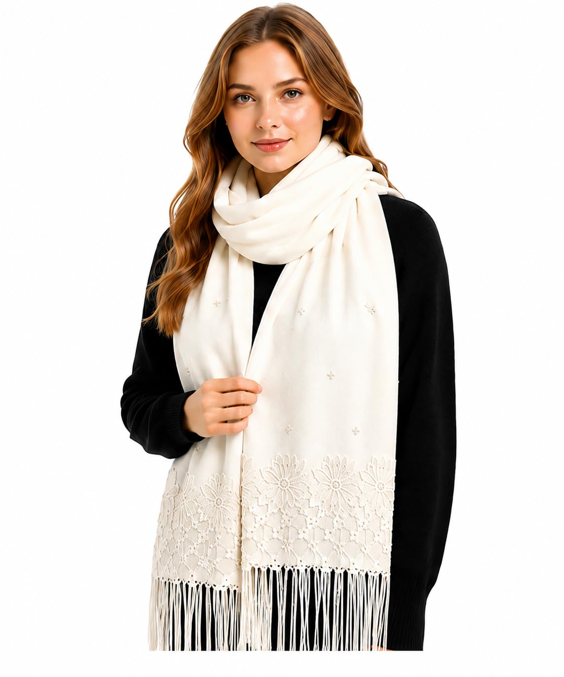 MANRA Women's Soft Wool Blend Winter Stole with Laser Cut Floral Border & Tassels | Warm Fashion Shawl | multiple color-image-10
