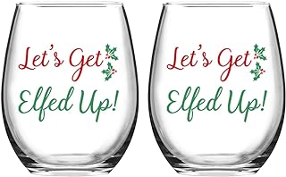 Let's Get Elfed Up Christmas Wine Glass, 15 Oz Funny Stemless Wine Glasses for Women Friends Men, Gift Idea for Christmas Wedding Party, Set of 2