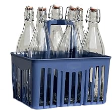 Set of 6 Glass Bottles 1 Litre for Water Wine Limoncello Liqueur DRINK with Plastic Bottle Holder – Glass Water Bottles 1 L with Basket Plastic Bottle Holder Cobalt Blue