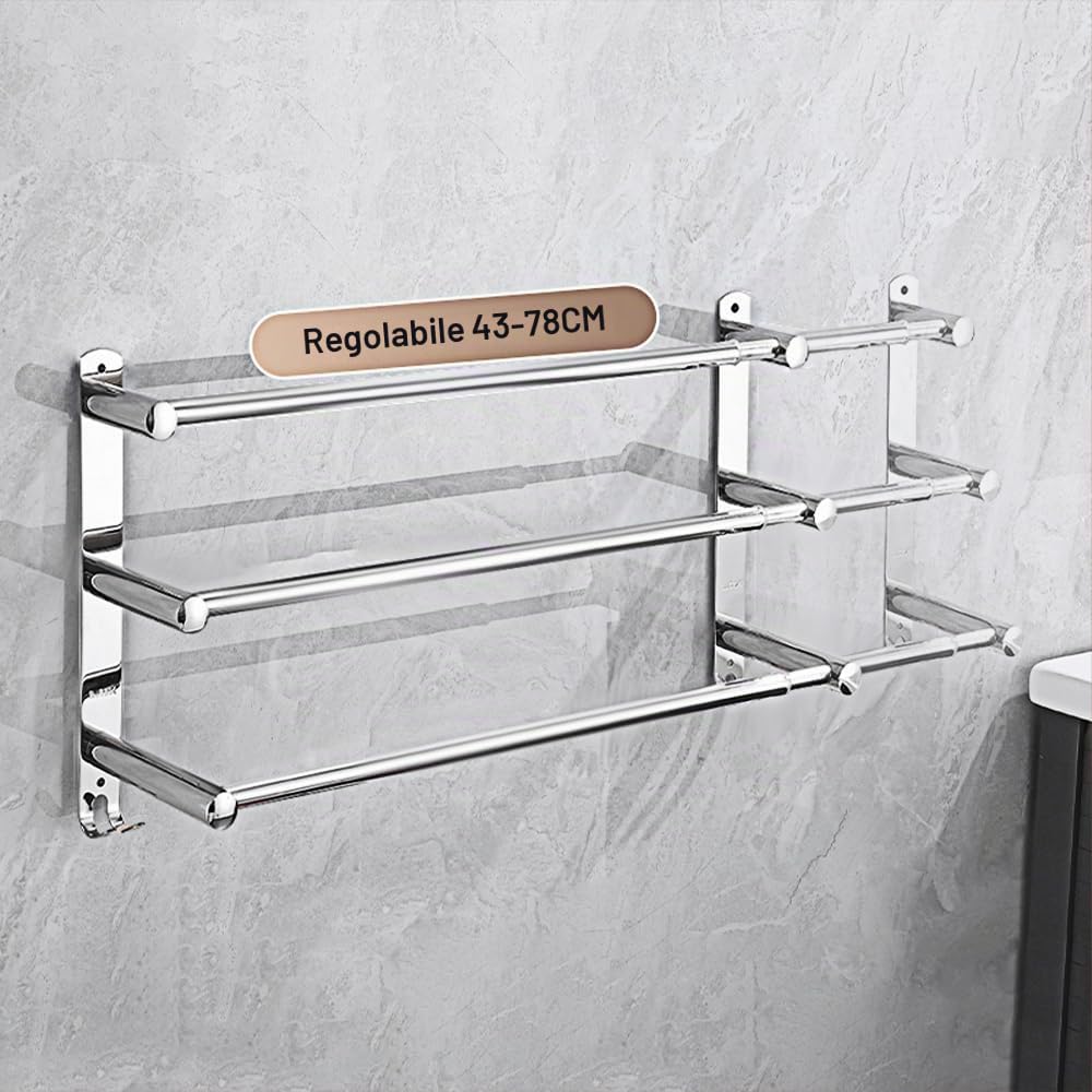 Portasciugamani Bagno Regolabile 43-78CM Acciaio Inossidabile Portasciugamani da Parete Porta asciugamani da Muro (3 Strato, Argento)