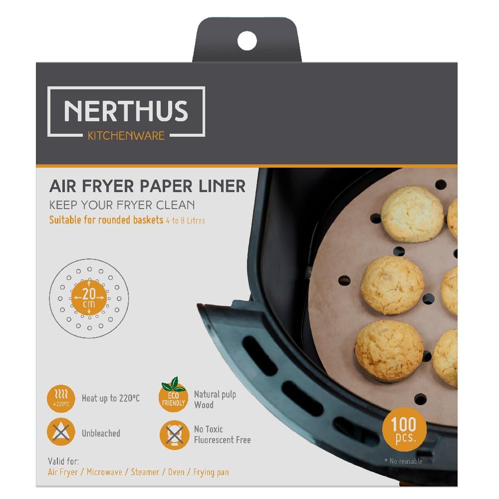 NERTHUS FIH 1443 Round Paper Mat for Air Fryer - Set of 100, Fits 4 to 8 Liter Air Fryers