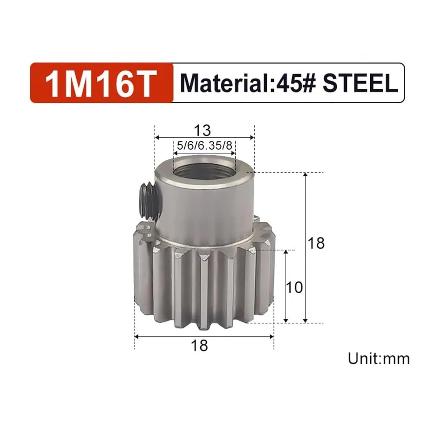 1M16T Hole 5-6-6.35-8 Small Gear 1 Mod Spur Motor Mini Pinion 45# Steel Transmission 1Pcs(6mm)