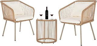 FDW 3-Piece Outdoor Furniture Modern Patio Bistro Set Rattan Conversation Set Wicker Patio Furniture Set with 2 Chairs Coffee Table Cushions Lumbar Pillows for Patio Outdoor Backyard Porch, White