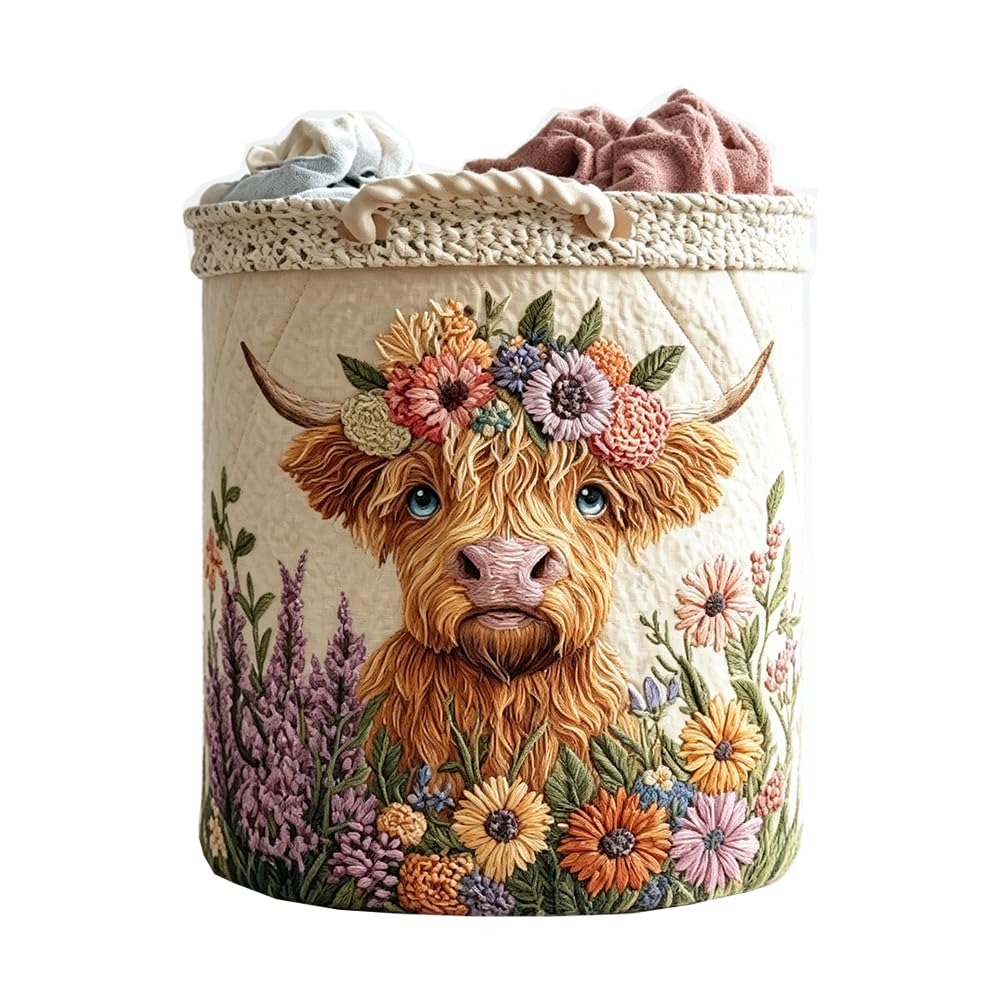 Highland Cow Daisy Quilted Laundry Basket Storage Hamper with Handles (R430370A01,S)