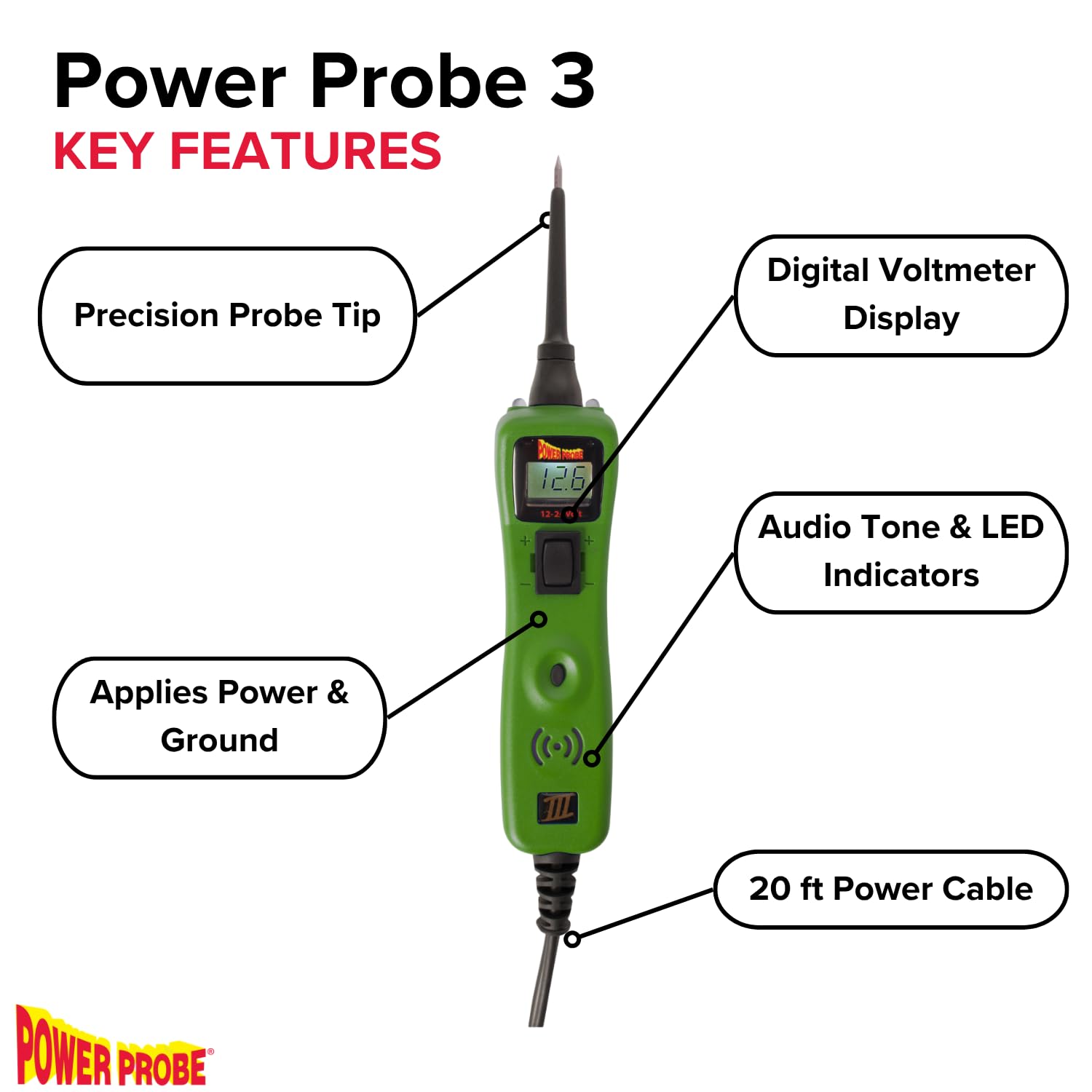 Powerprobe 3 Comprobador de Circuitos Eléctricos Automoción Coche Taller Mecanico 12-24V Multimetro Digital Activa Componentes suministrando Corriente y Tierra y verifique su Continuidad PP3CSGRN