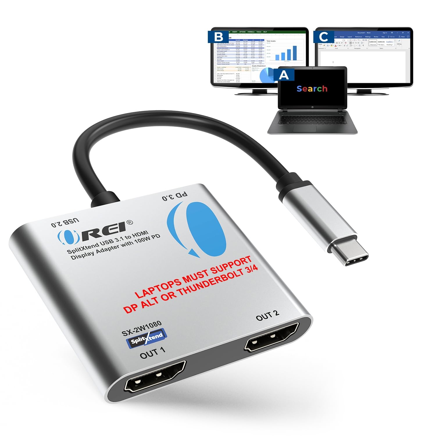 OREISplitExtend HDMI Splitter Extended Display for Windows Only Dual Monitor - Multi-Monitor Display 3 Separate Screens - USB-C Adapter to HDMI 2.0, 4K@30Hz Outputs - 100W PD and USB 2.0 Input