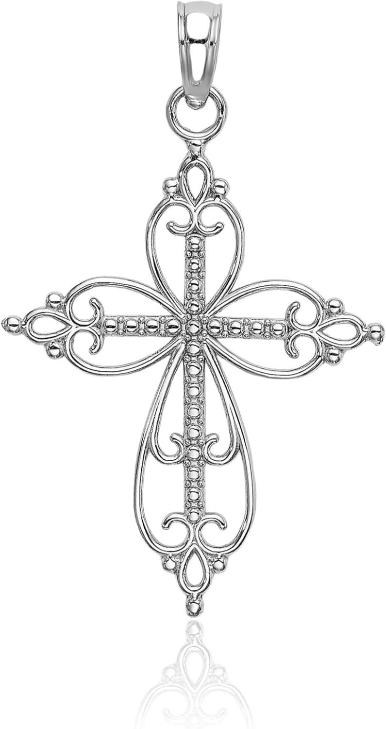 IceCarats 10K Solid White Gold Filigree Medium Beaded Cross Pendant Necklace 23.5mm 0.9 inch Polished, Passion For Her