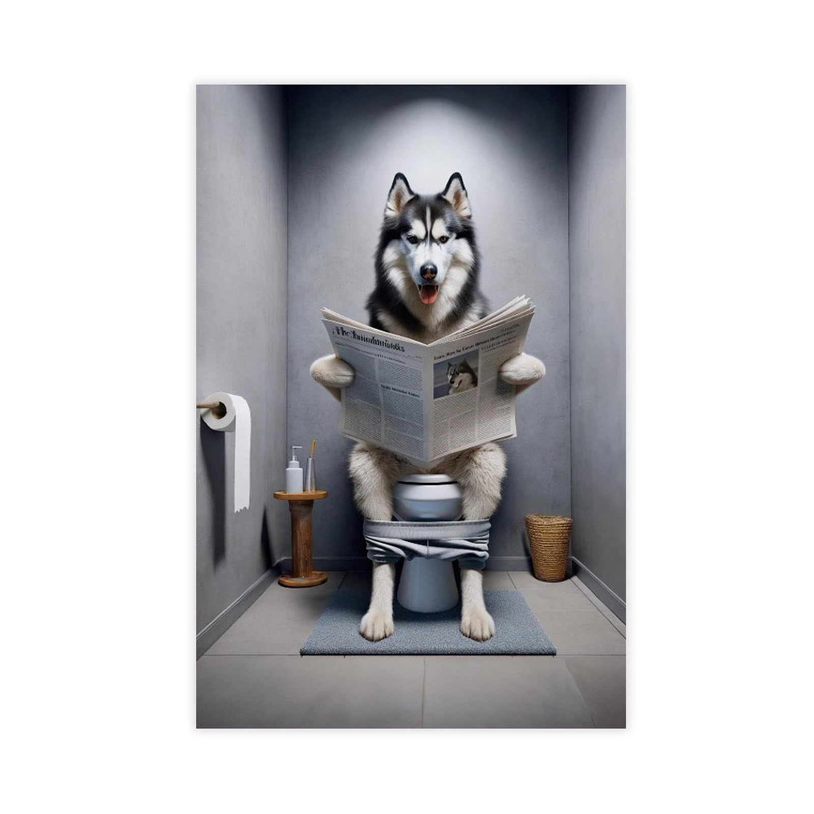 Bncedjk Photograph Of A Siberian Husky Reading The Newspaper On The Toilet Canvas Poster Wall Art Print Picture Paintings 20X30inch(50X75cm)