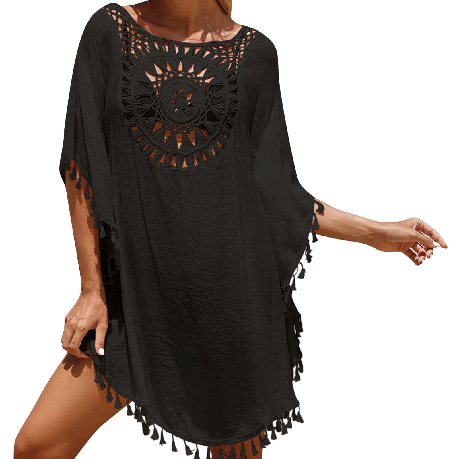 riou Vestido de baño para Mujer Pareos Playa de Tunica Malla de Encaje Falda de Playa Suelto Boho Cárdigan Traje de Baño NegroBikini Cover Up Elegante Ropa de Playa Bikini Cubierta