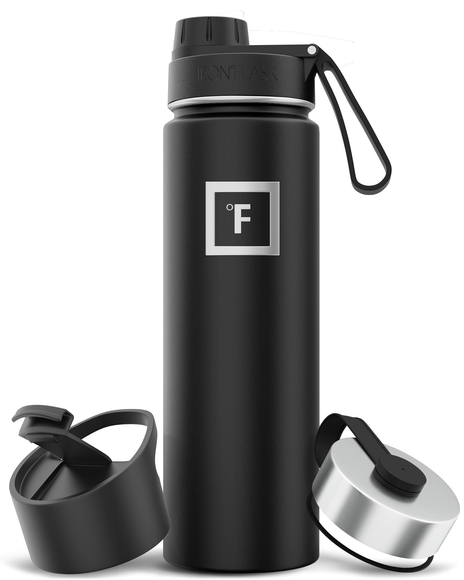 IRON °FLASK Camping & Hiking Hydration Flask with Spout, Wide Mouth Insulated Stainless Steel Sports Water Bottle - 22 oz Midnight Black