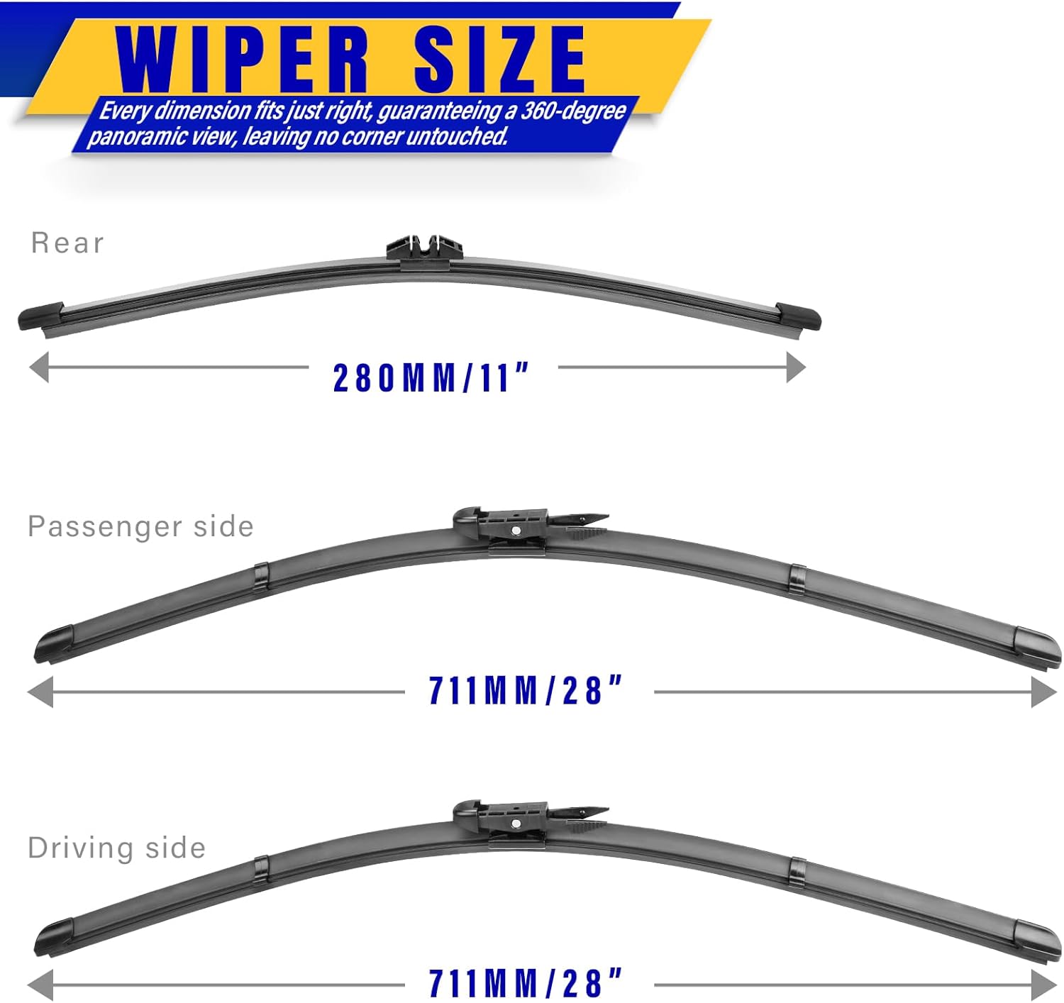 3 wipers Replacement for 2013-2019 Ford Escape, Windshield Wiper Blades Original Equipment Replacement - 28"/28"/11" (Set of 3) Pinch Tap
