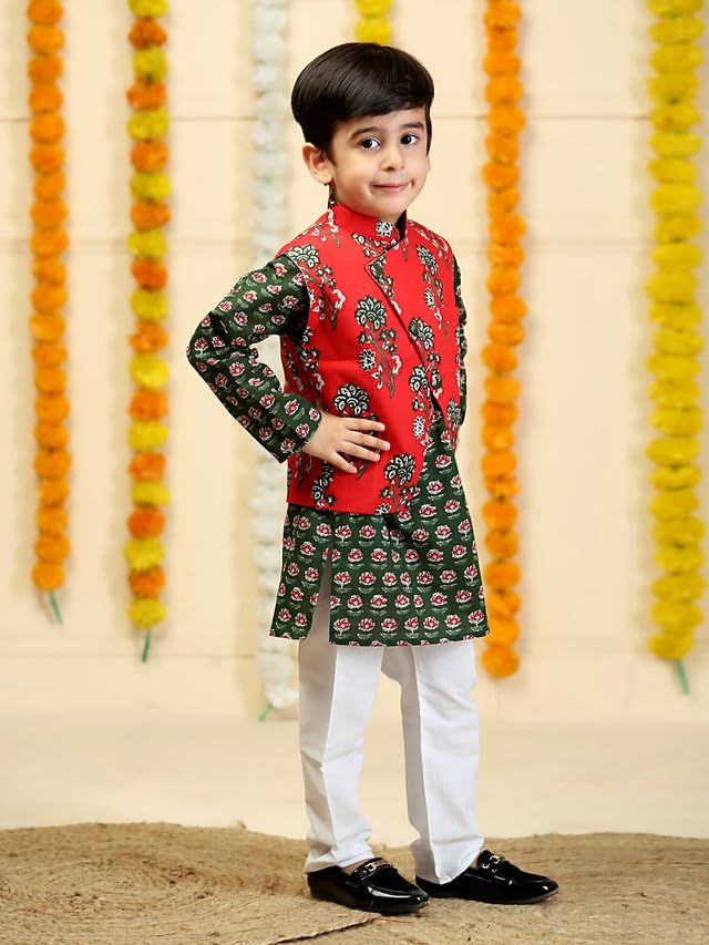 Image of The Mom Store Boys Printed Cotton Kurta Pajama Set With Jacket | Soft And Comfortable Ethnic Wear For Baby /Kids Boys | Full Sleeves Kurta Pyjama Set | Traditional Indian Outfit