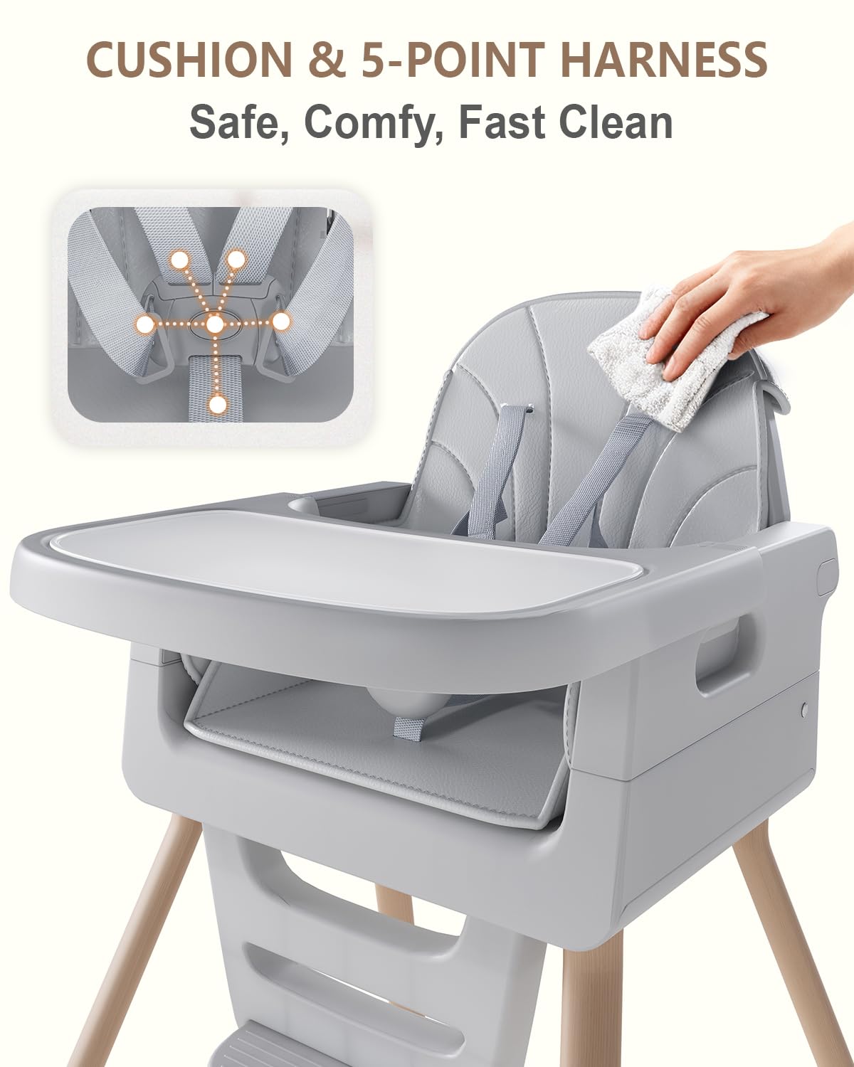 Baby High Chair for 6 Months+, Foldable High Chairs for Babies and Toddlers, Convertible Toddler Chair, Adjustable Tray & Footrest, Lightweight, Stable & Easy to Clean(Grey with Wood Grain)