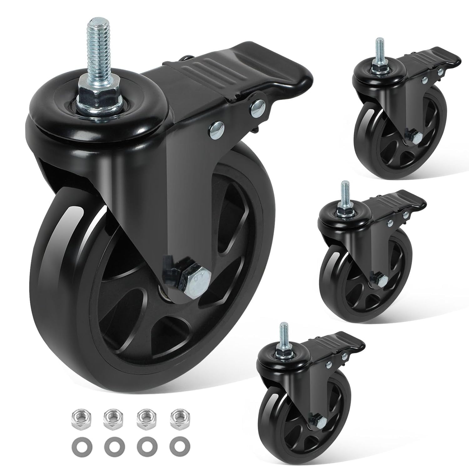 caster wheels 5 inch, swivel threaded stem casters set of 4 heavy duty 2400lbs, 3/8" -16 x 1 (stem diameter 3/8", stem length 1") locking casters wheels black