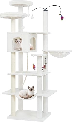 Árbol grande para gatos, torre para gatos con condominio de varios niveles, hamacas, juguete giratorio (beige, 64 pulgadas)